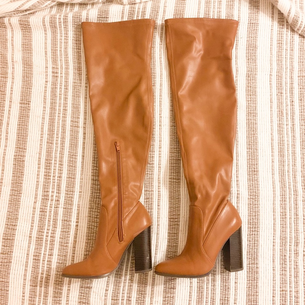 Brown Faux Leather Thigh High Boots